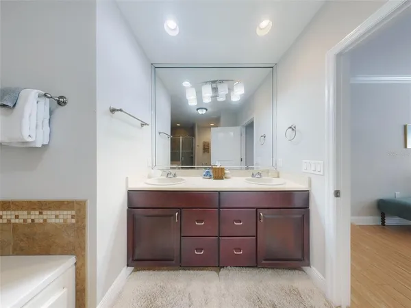 a bathroom with a tub sink and mirror