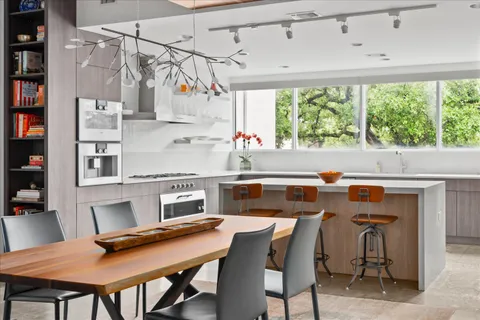 a view of a dining room with furniture