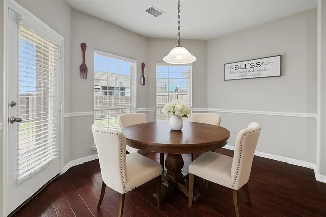 a view of a dining room with furniture window and wooden floor