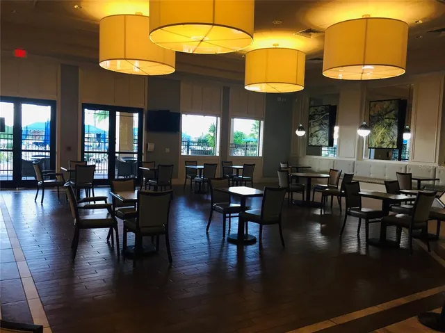 a view of a cafe with sitting area