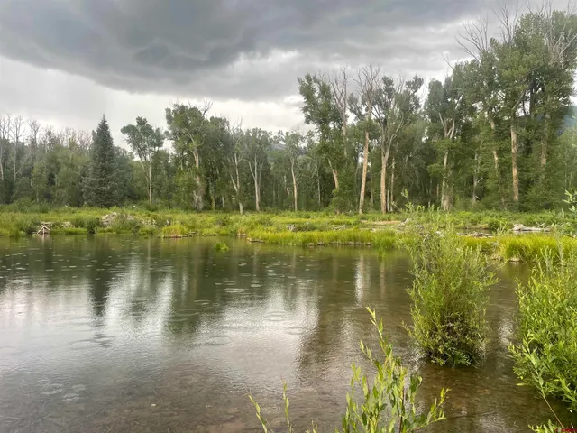 a view of a lake with a yard