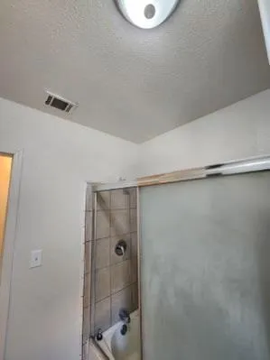 a bathroom with a shower and a sink