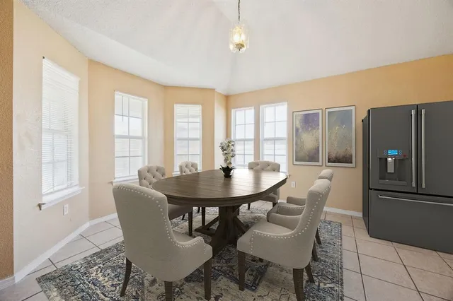 a view of a dining room with furniture window and outside view