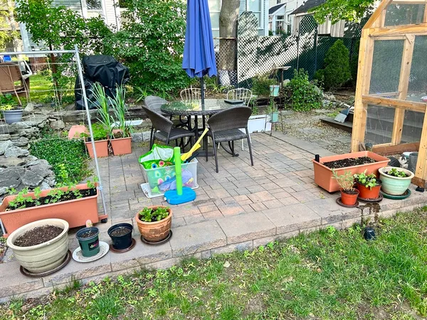 a view of a chairs and table in backyard