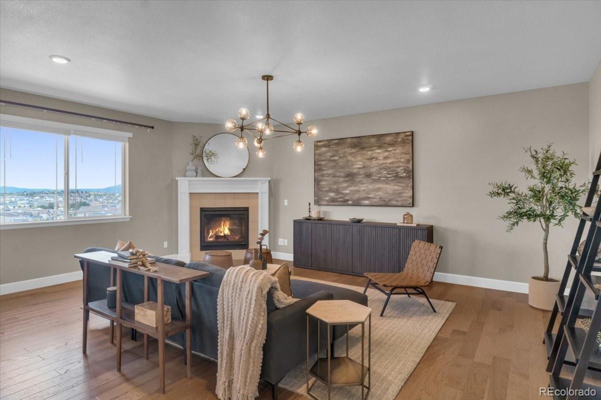 1721 Wingfeather Lane Castle Rock, CO 80108 - Photo 13 of 49 a living room with furniture a fireplace and a potted plant