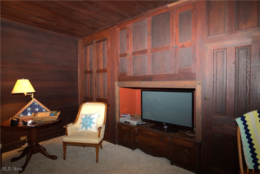 22760 Roy Croy Road Senecaville, OH 43780 - Photo 4 of 46 Sitting room featuring wooden ceiling, wooden walls, and light colored carpet