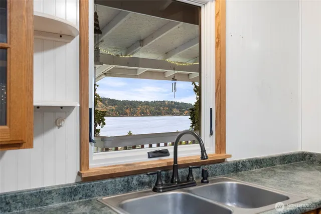 a view of a kitchen from a window