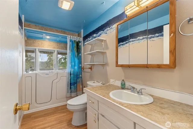 a bathroom with a sink a toilet and shower