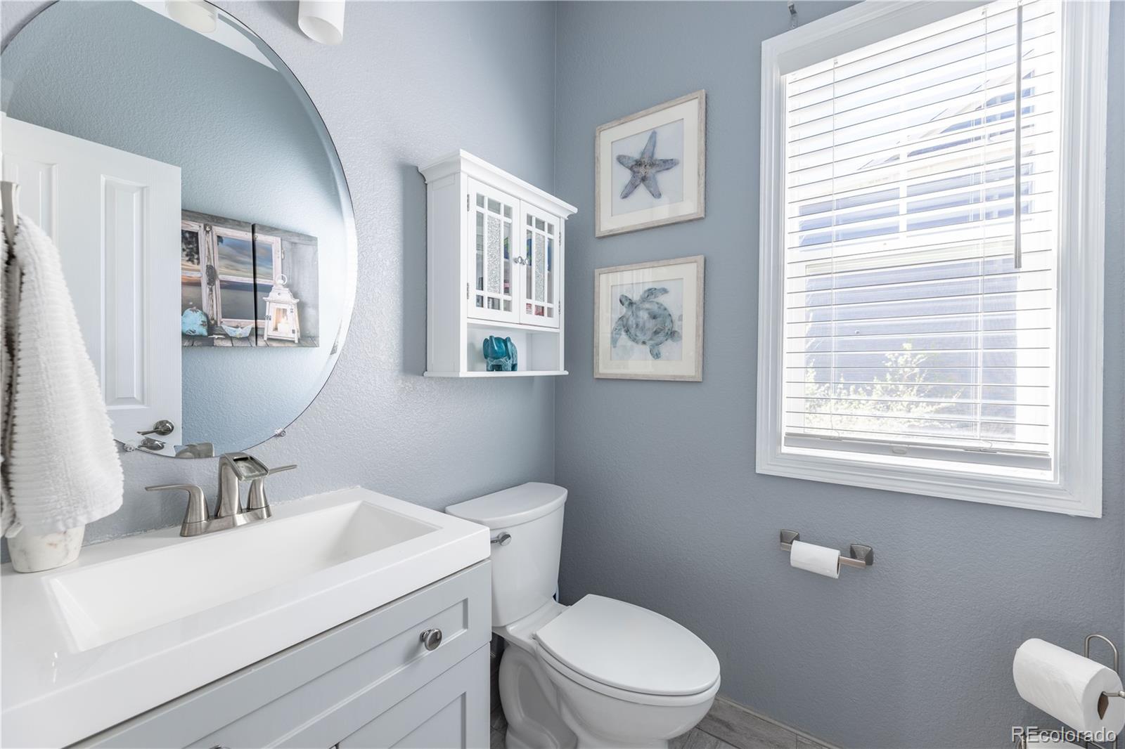 1610 Ridgetrail Court Castle Rock, CO 80104 - Photo 15 of 50 a bathroom with a toilet a sink a mirror and a window