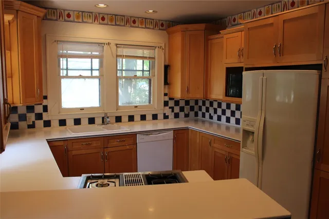a kitchen with a refrigerator and a sink
