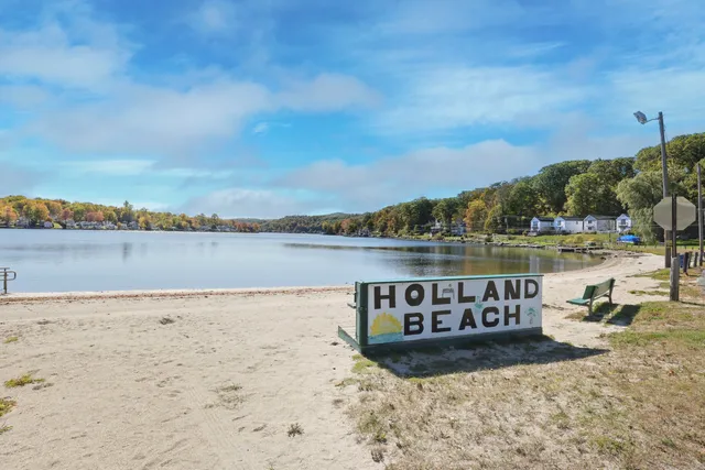a view of a lake with houses in the back