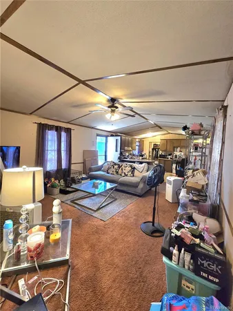 a living room with lots of furniture and a chandelier