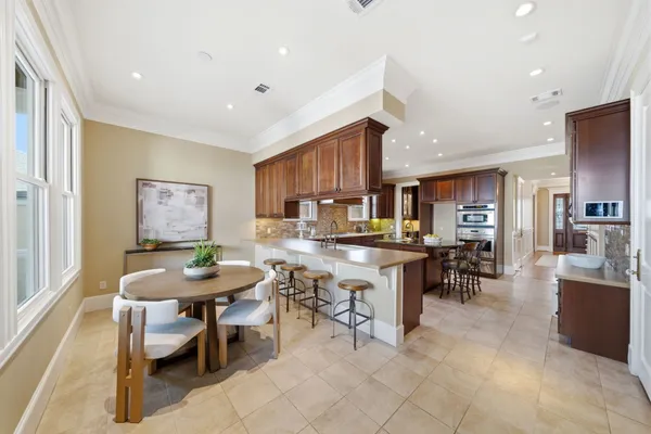 a view of a dining room with furniture