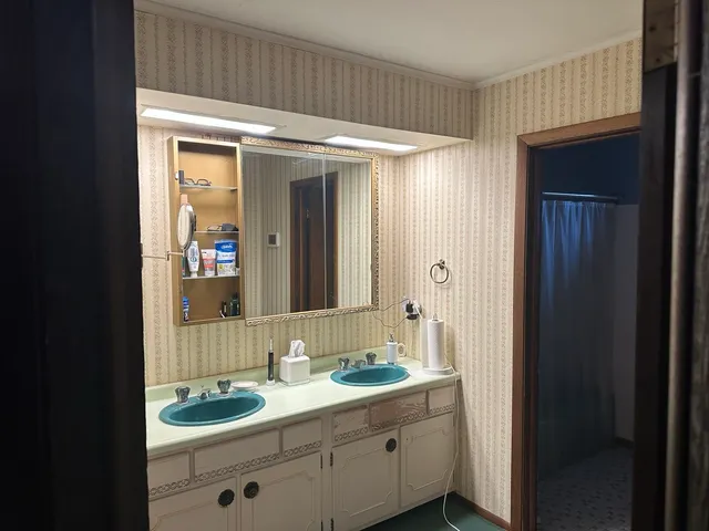 a bathroom with a double vanity sink and mirror