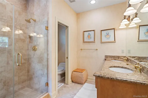 a bathroom with a granite countertop sink a toilet and shower