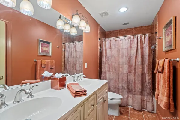 a bathroom with a sink a toilet a mirror a vanity and shower