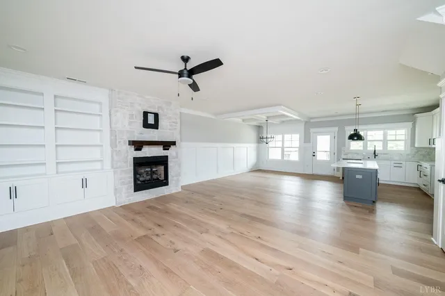 a living room with a fireplace