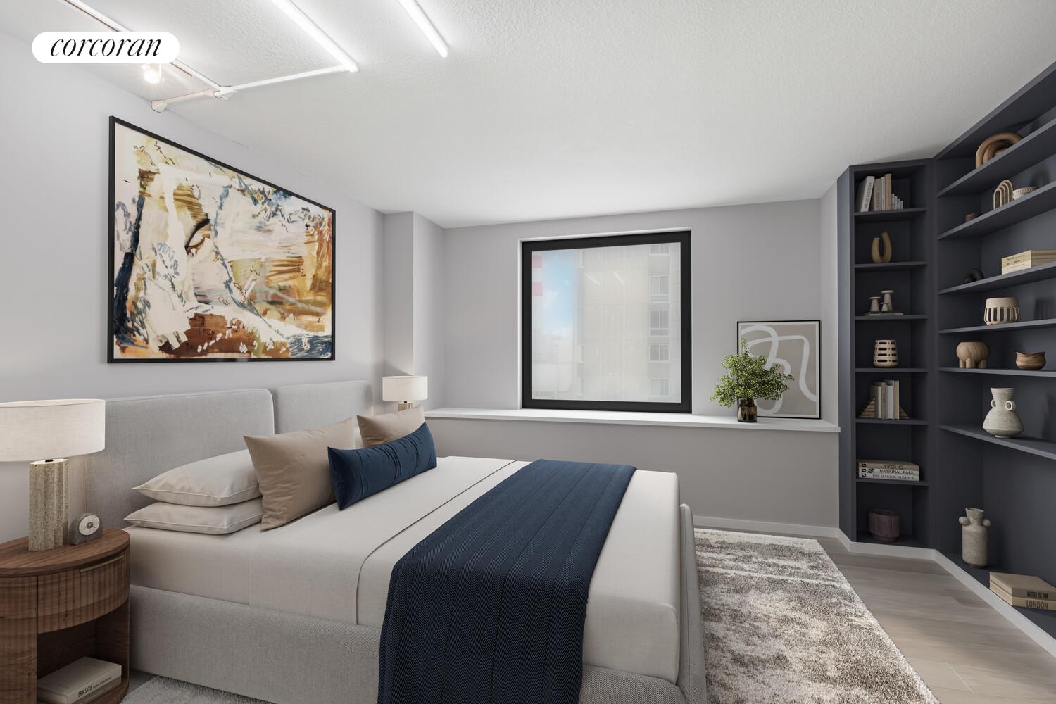531 Main Street, Unit 1502 Manhattan, NY 10044 - Photo 8 of 11 a bedroom with a bed and a painting on the wall