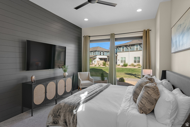 5367 Cyan Lane St. George, UT 84790 - Photo 4 of 49 Spacious room with a shiplap accent wall, recessed lighting, and a ceiling fan