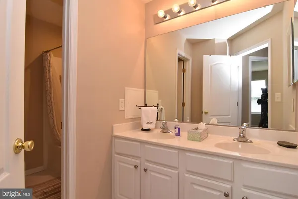a bathroom with a double vanity sink and mirror