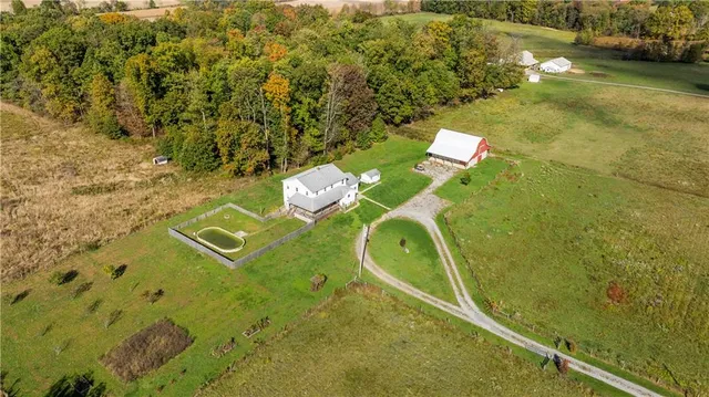 an aerial view of a pool