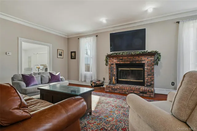 a living room with furniture wooden floor and a rug