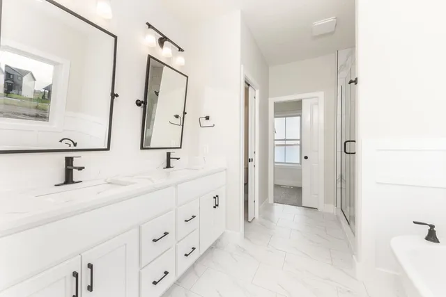 a bathroom with a double vanity sink mirror and shower