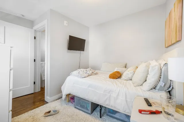 a bedroom with a bed and a tv