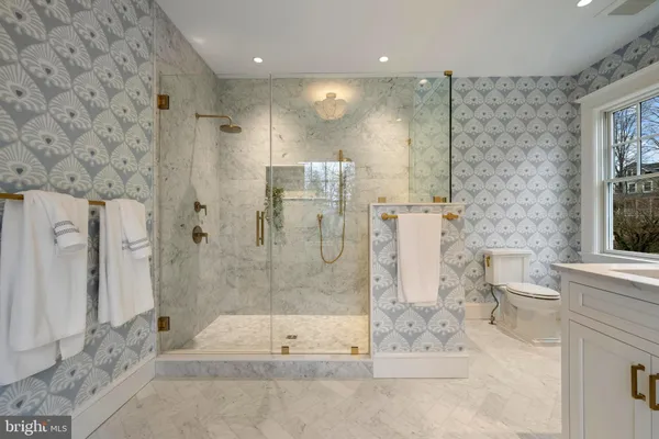 a bathroom with a shower and a toilet