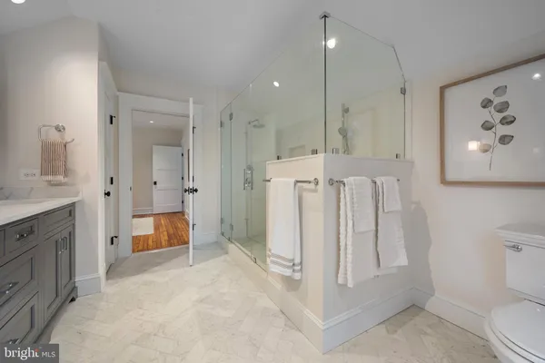 a bathroom with a shower a sink a toilet a mirror and a shower