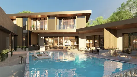 a view of swimming pool with seating space