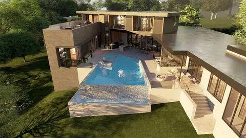 swimming pool view with seating space