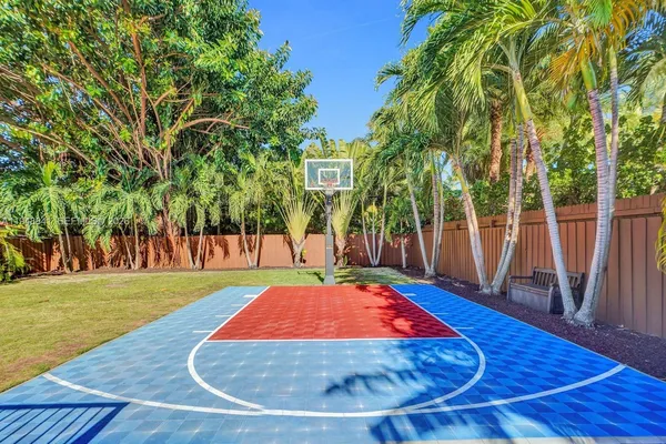 a view of a backyard with swimming pool