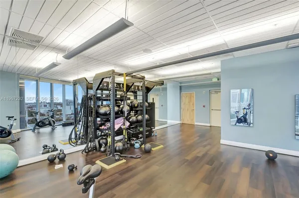 a view of a room with gym equipment