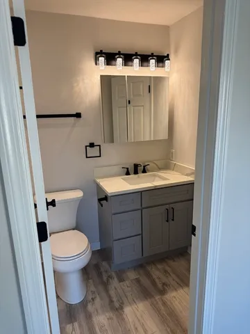 a bathroom with a toilet sink and mirror