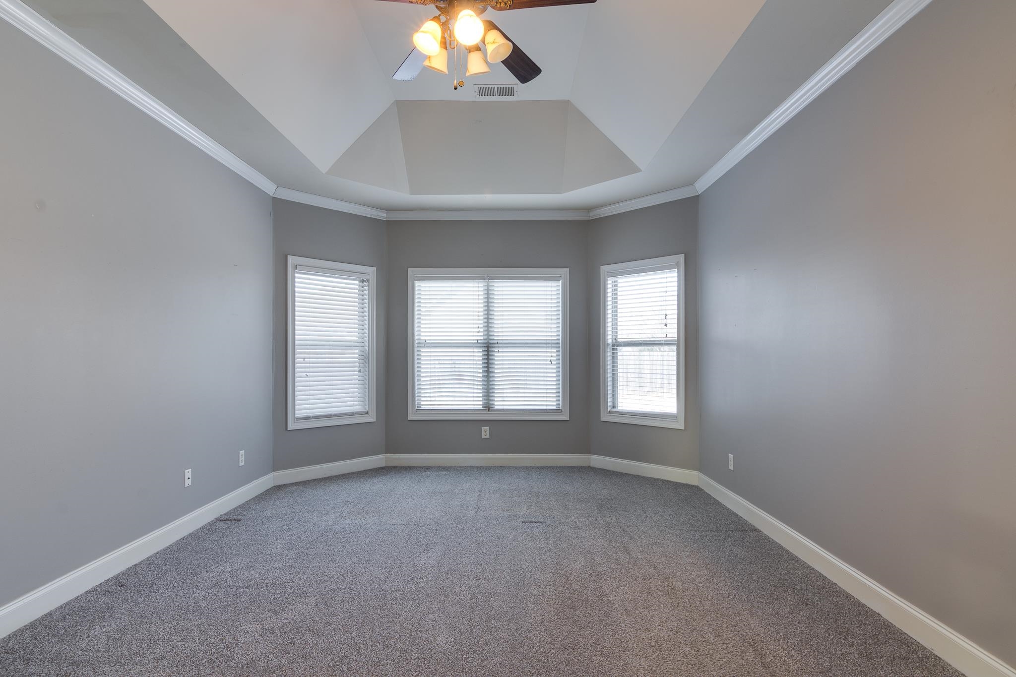 43 Tipton Rdg Cove Munford, TN 38058 - Photo 17 of 30 Primary bedroom featuring ceiling fan, ornamental molding, carpet, and a raised ceiling