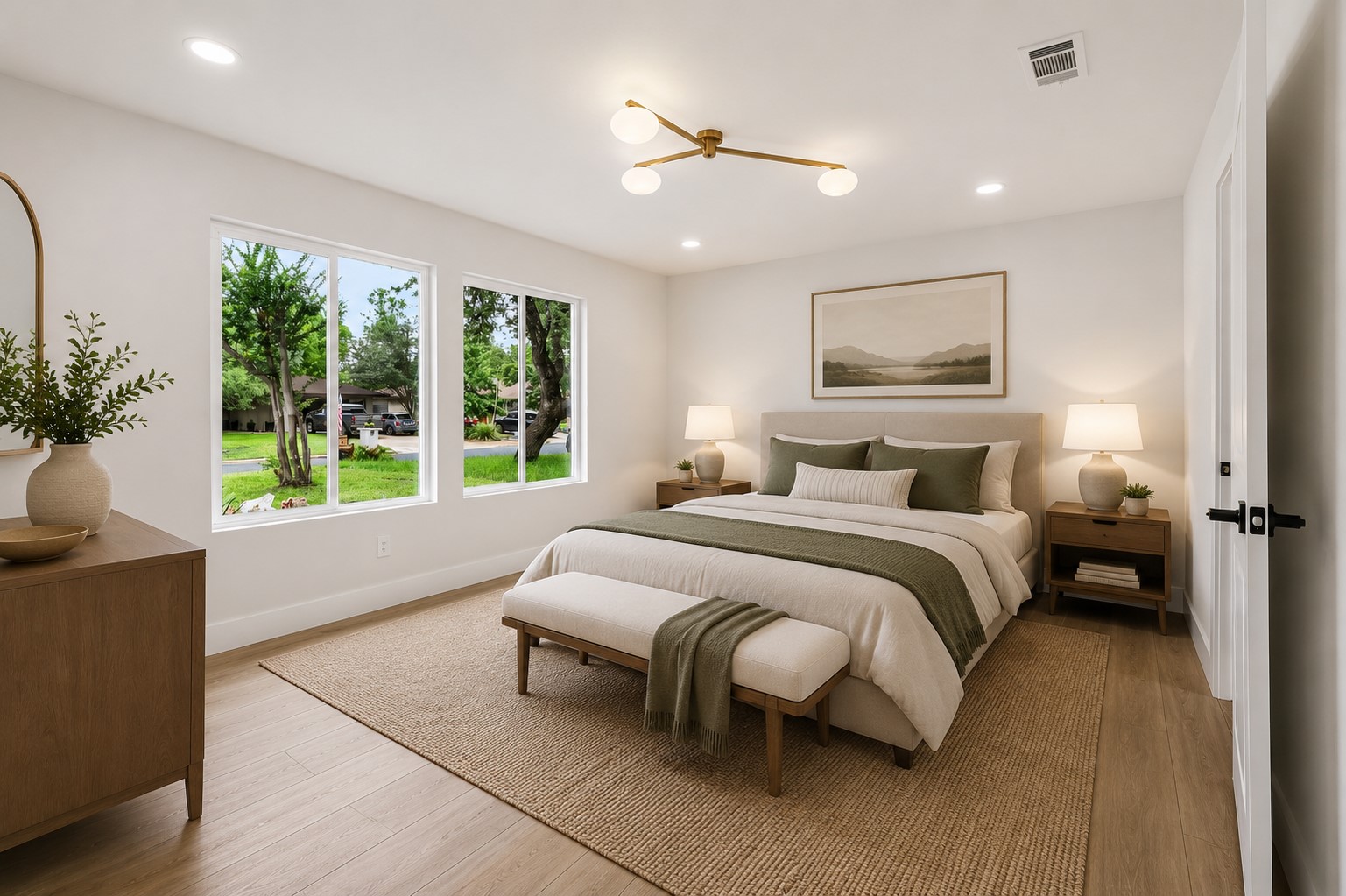 11809 Charing Cross Road Austin, TX 78759 - Photo 12 of 34 A tranquil bedroom retreat features broad windows offering verdant neighborhood views and warm, recessed illumination.