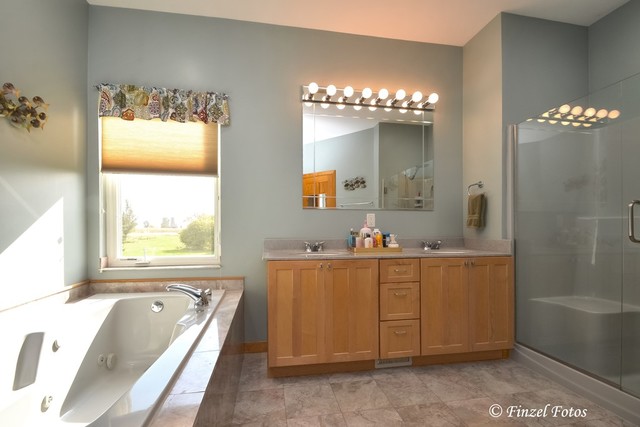30813 Lincoln Road Genoa, IL 60135 - Photo 12 of 20 a bathroom with a tub a double vanity sink and mirror