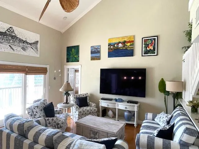 a living room with furniture a flat screen tv and a fireplace