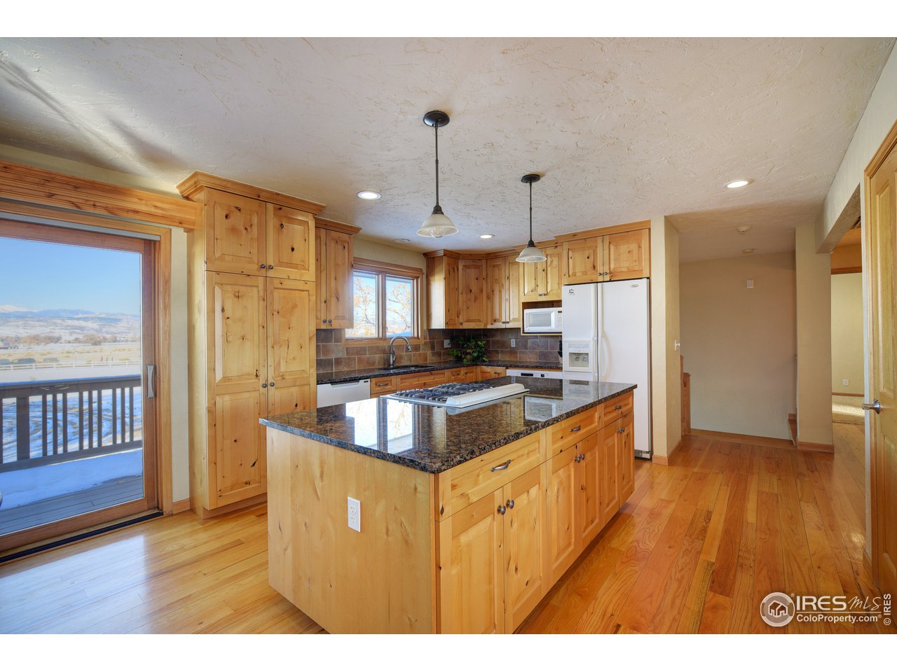 9505 Yellowstone Road Longmont, CO 80504 - Photo 21 of 37 a kitchen with stainless steel appliances granite countertop a refrigerator a sink dishwasher a oven and a dining table with wooden floor