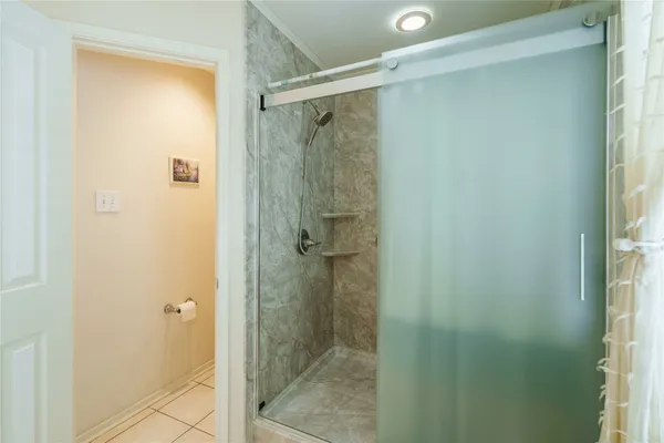 a bathroom with a shower and a vanity