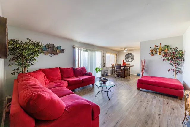 a living room with furniture and a potted plant