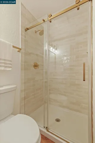 a bathroom with a shower and toilet