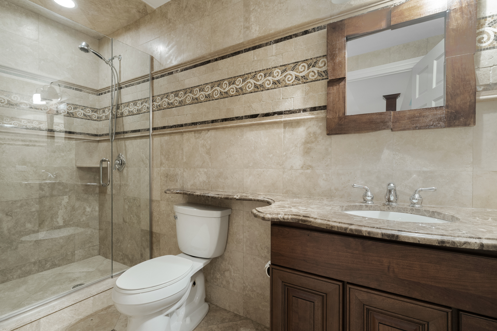 1184 Prospect Lane Des Plaines, IL 60018 - Photo 21 of 24 a bathroom with a granite countertop sink toilet and shower