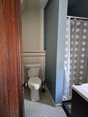 a bathroom with a toilet and a shower curtain