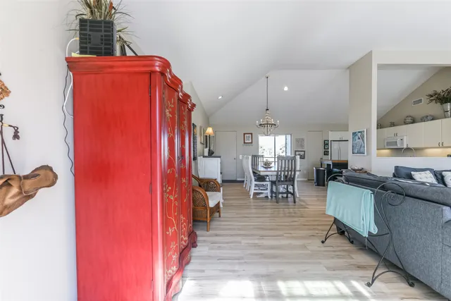 a view of a dining room with furniture