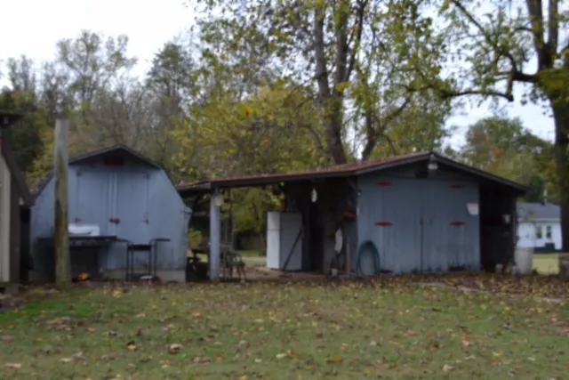 a view of a field with trees in background