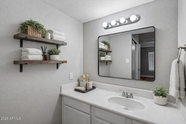 a bathroom with a sink and a mirror
