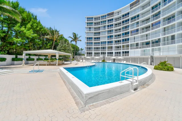a view of a swimming pool with a yard