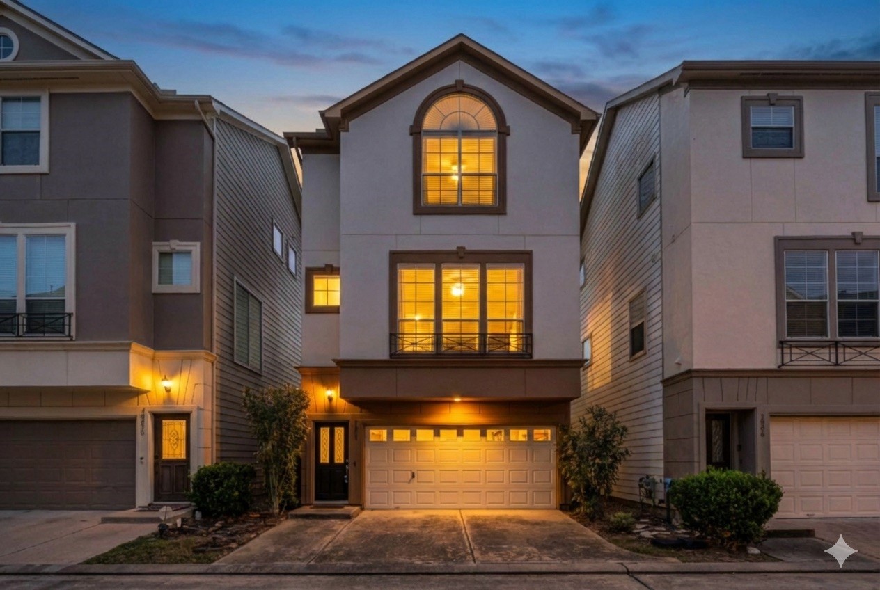 a view of a brick house with a large windows